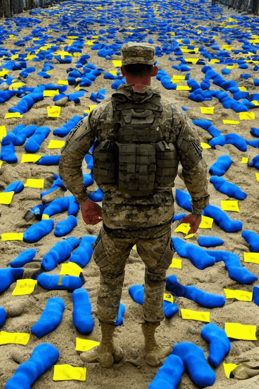 AI generated: special forces unit soldier with blue and yellow flag standing alone on a huge pile of human skulls ...