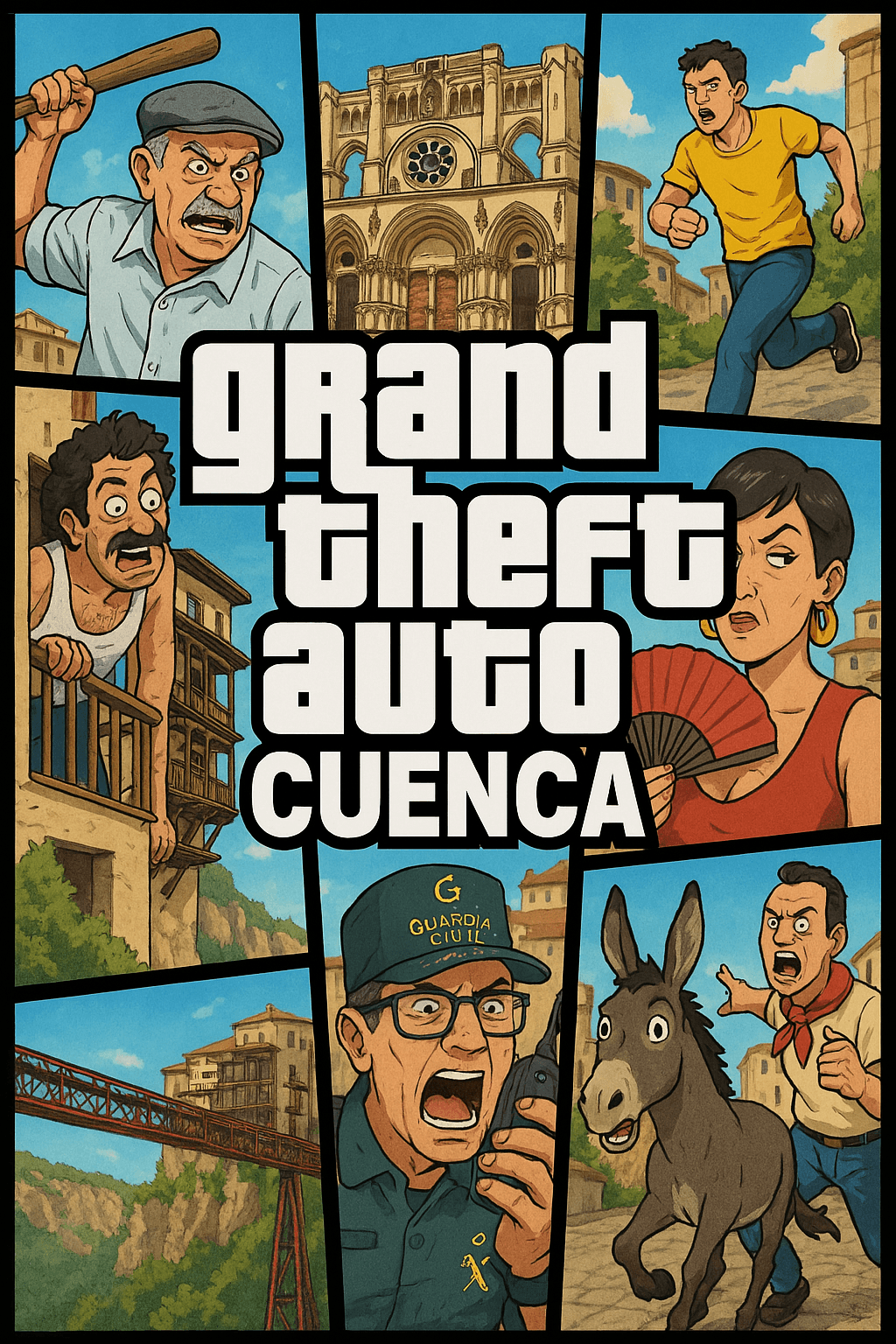 AI generated: A parody video game cover in the style of "Grand Theft Auto," titled Grand Theft Auto: Cuenca. The a...