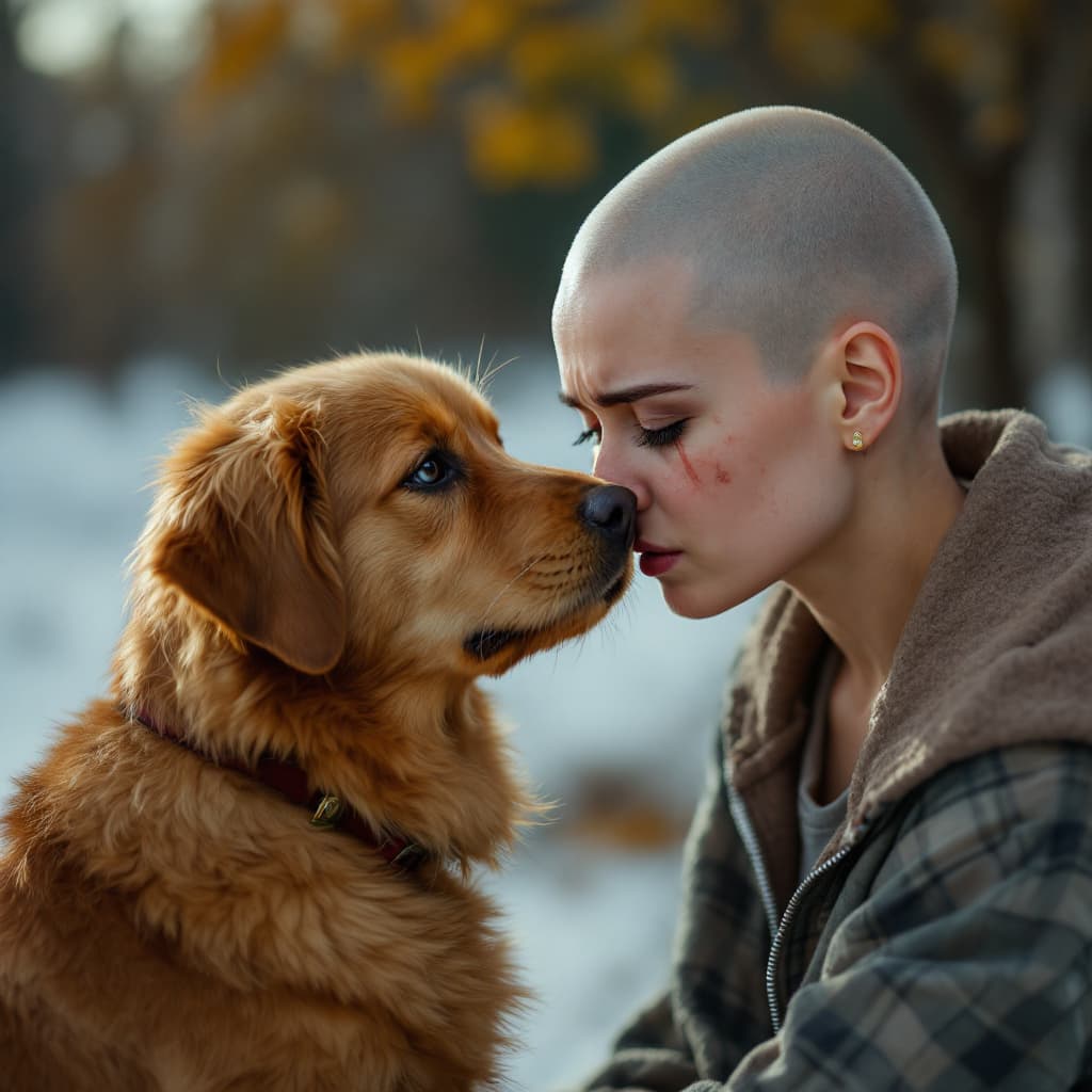 AI generated: A heartwarming scene of a sad teary eyed bald young woman   and a dog sharing a moment of companions...