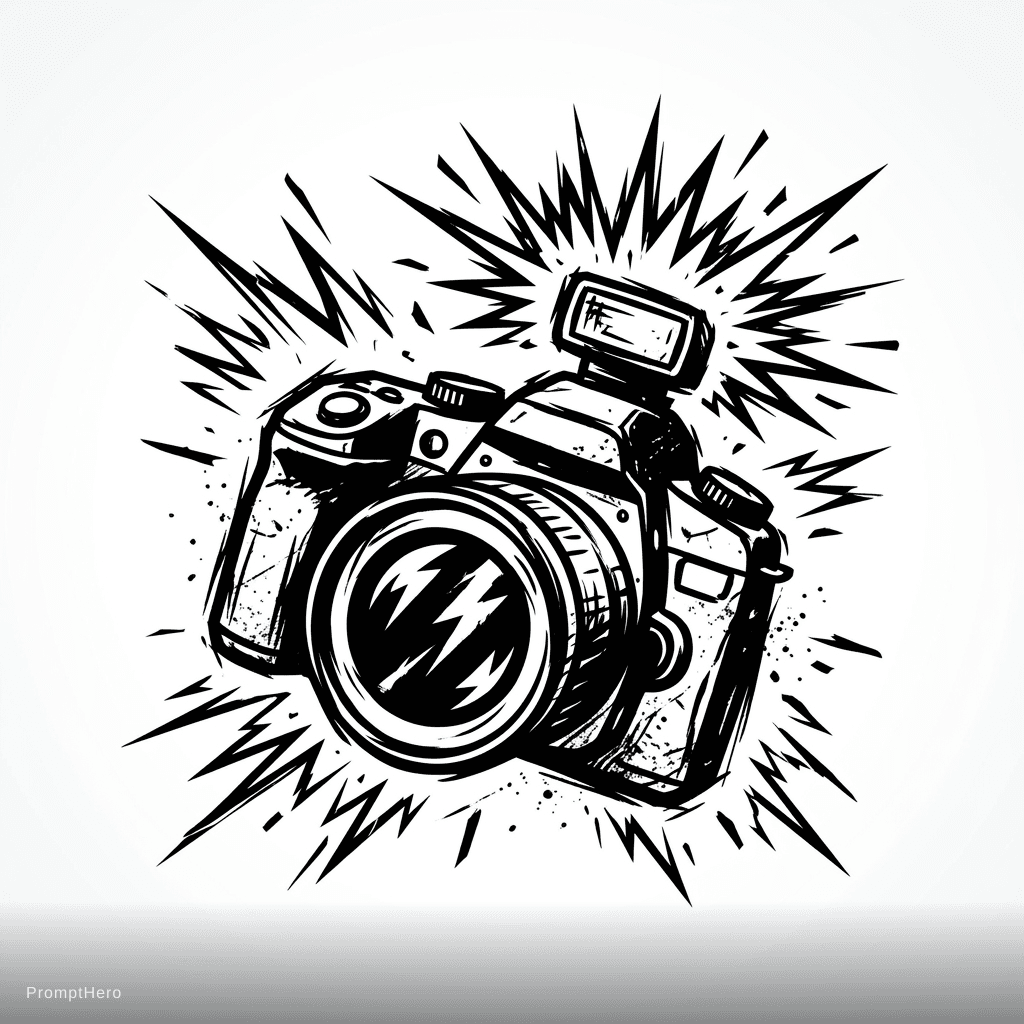 AI generated: Hey John Photography, Flashing Camera, black and white, hectic and distressed feeling