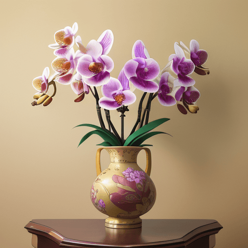 AI generated: wide angle photograph of a large and bountiful orchid and wild blossoms arrangement being displayed:...