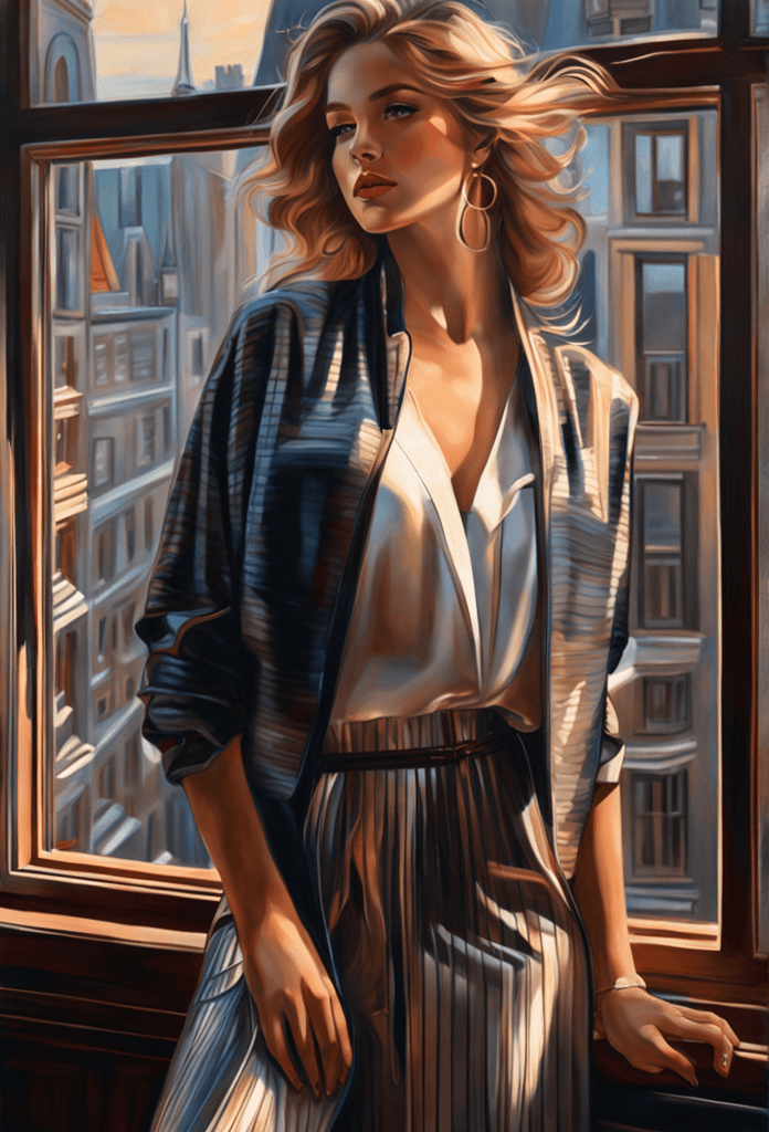 AI generated: Full-bodied modern woman by window, hair flowing, intricate detail, perfect composition, soft evenin...