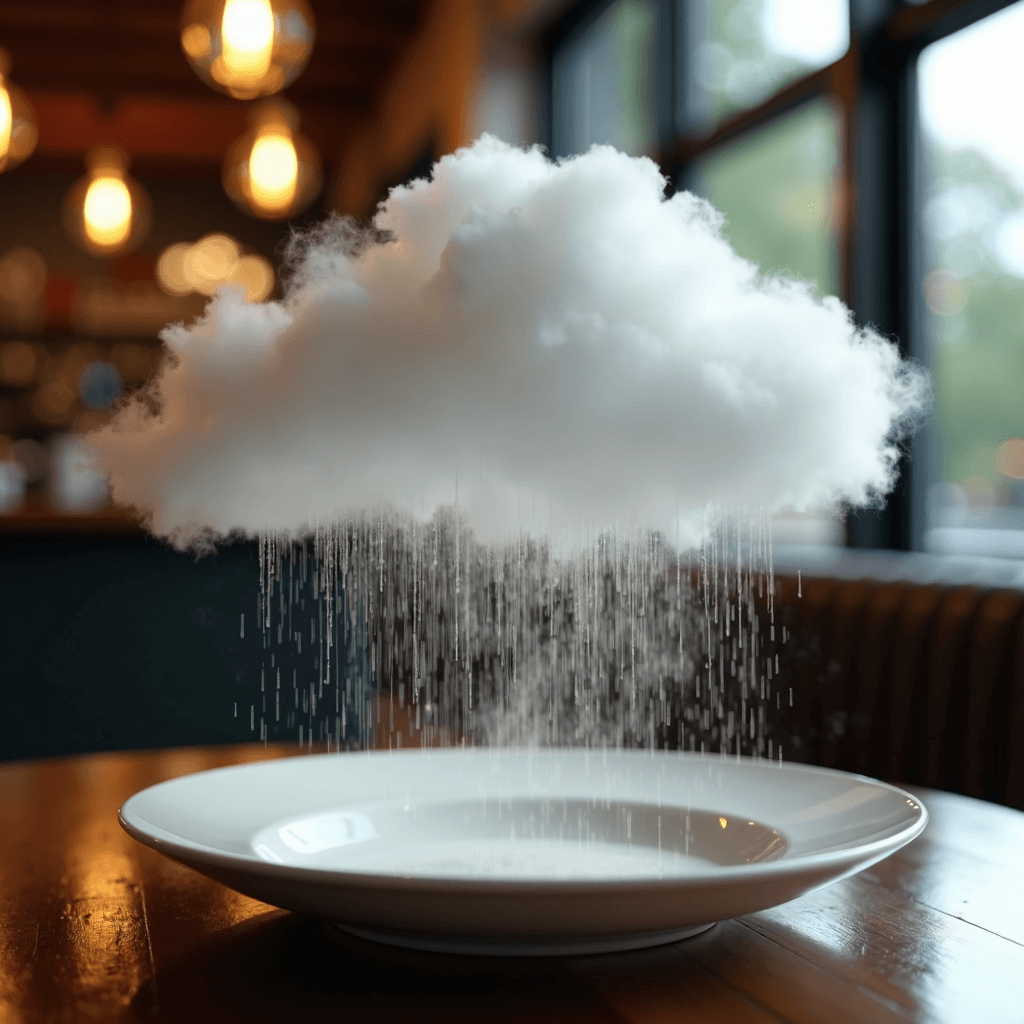 AI generated: a cloud on a plate, misty rainy cloud levitates above over the plate in the mid air, in a restaurant