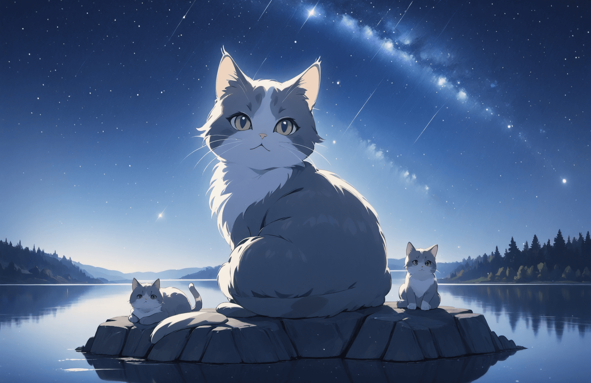 AI generated: ('young 1cat':1.5) with grey fur with white streaks, (symmetric face: 1.2). sitting on a sapphire ro...