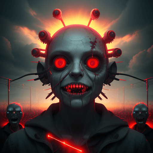 AI generated: electric festival by beeple i undead creature eyes and teeth with glowing eyes and burning face clou...