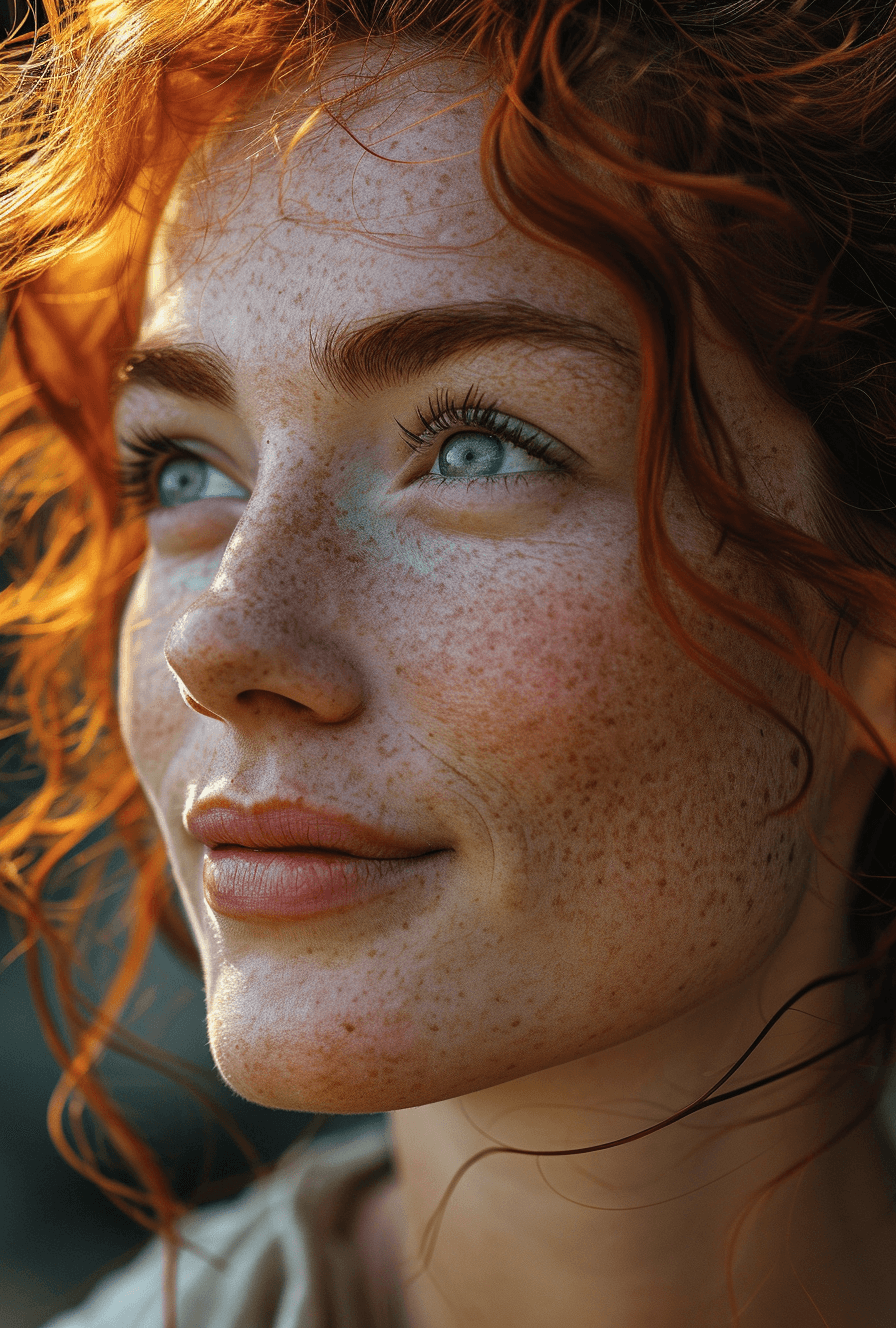 AI generated: woman with freckles with a smile, in the style of calming effect, naturecore, intense energy, photo ...