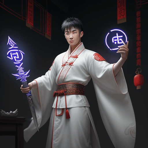 AI generated: a young man dressed in ancient chinese clothing, asian people, white robe, handsome hand gestures fo...