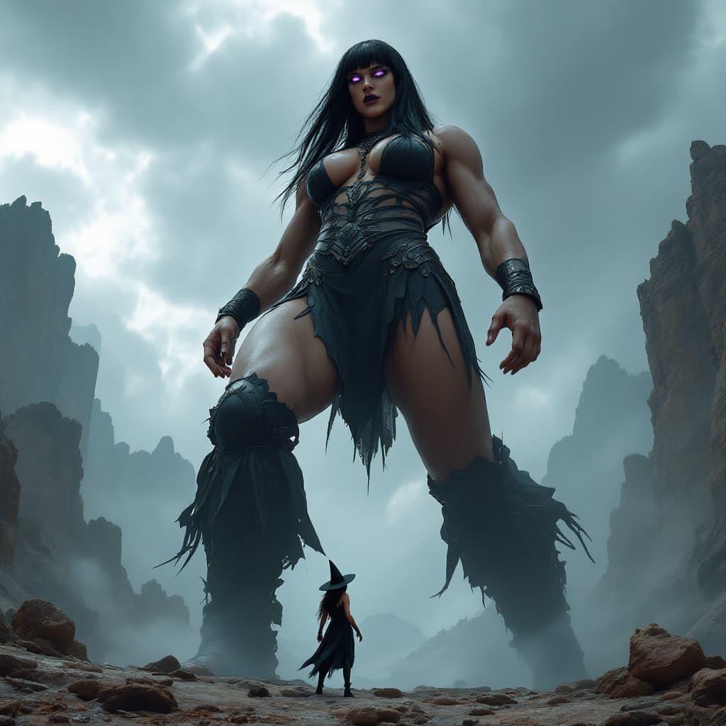 AI generated: enormous giantess female Rhea Ripley from WWE with black medium length hair and straight bangs, bigg...
