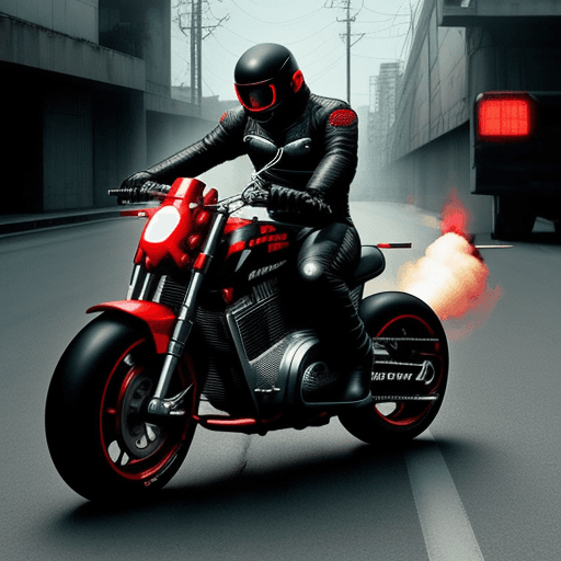 AI generated: AKIRA MOTO BIKE STUNT   ON THE ROAD OF DEATH  ARMED GUN AND CYBER  DESTROYER MACHINE