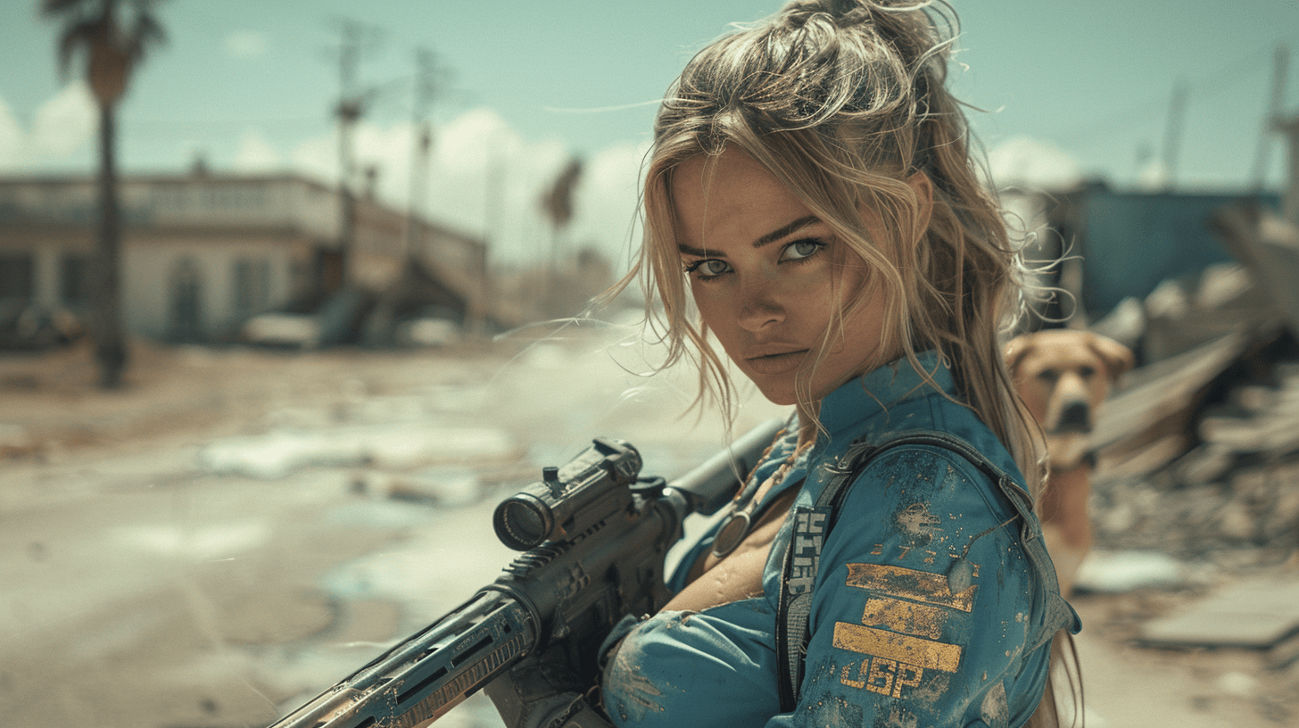 AI generated: A stunningly beautiful girl dressed in a blue and gold Fallout suit and Pipboy on her left arm, posi...