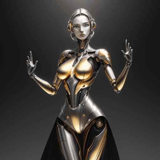 AI generated: A futuristic mechanical woman, posed elegantly with an open hand gesture, medium: hyper-realistic ph...