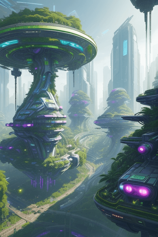 AI generated: a view of a city with a lot of trees and bushes, garden, alot of flying objects , future city, in fa...