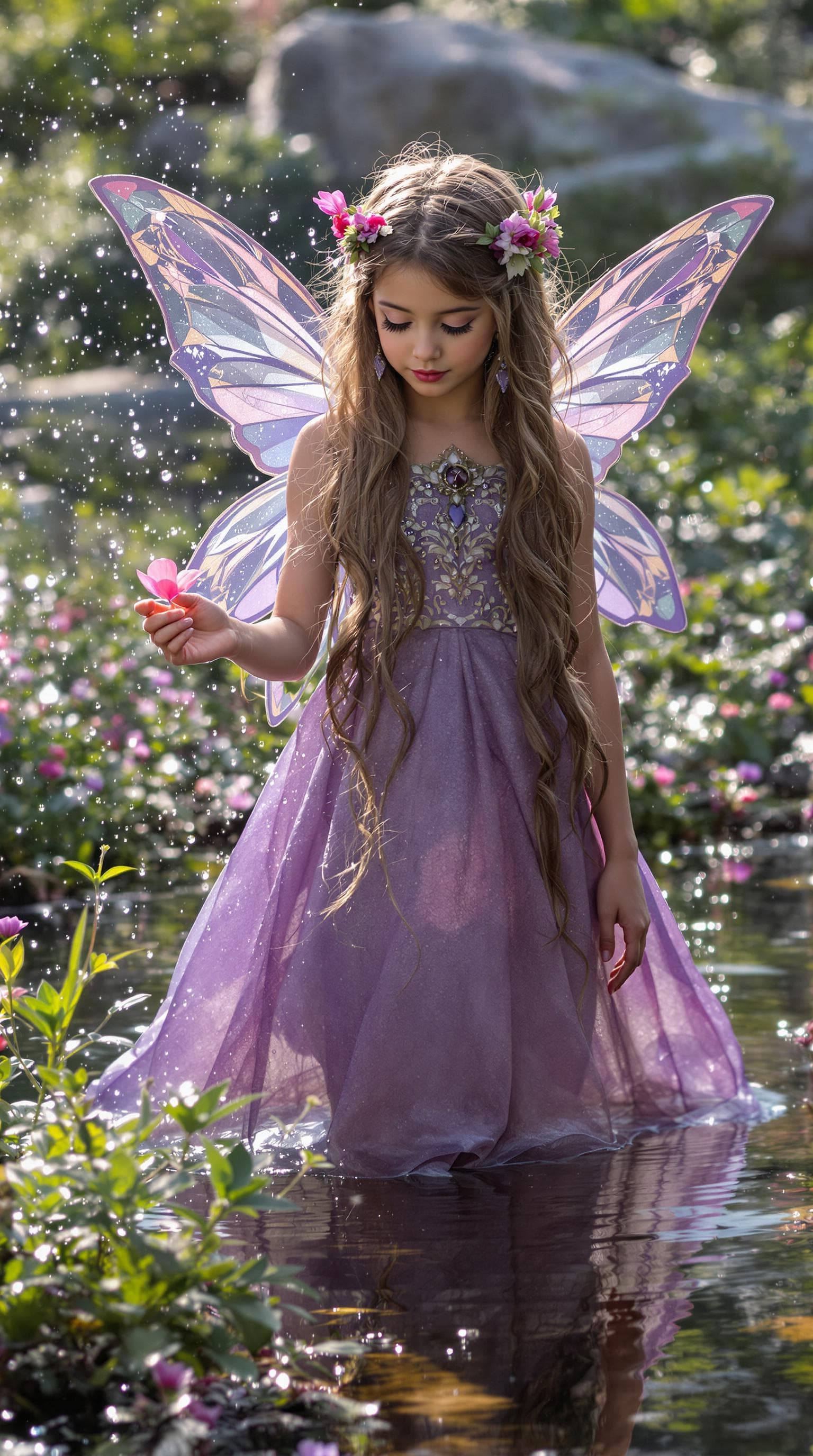 AI generated:  professional photo of a  exceptionally beautiful tiny eleven year old fairy girl, with long hair, (...