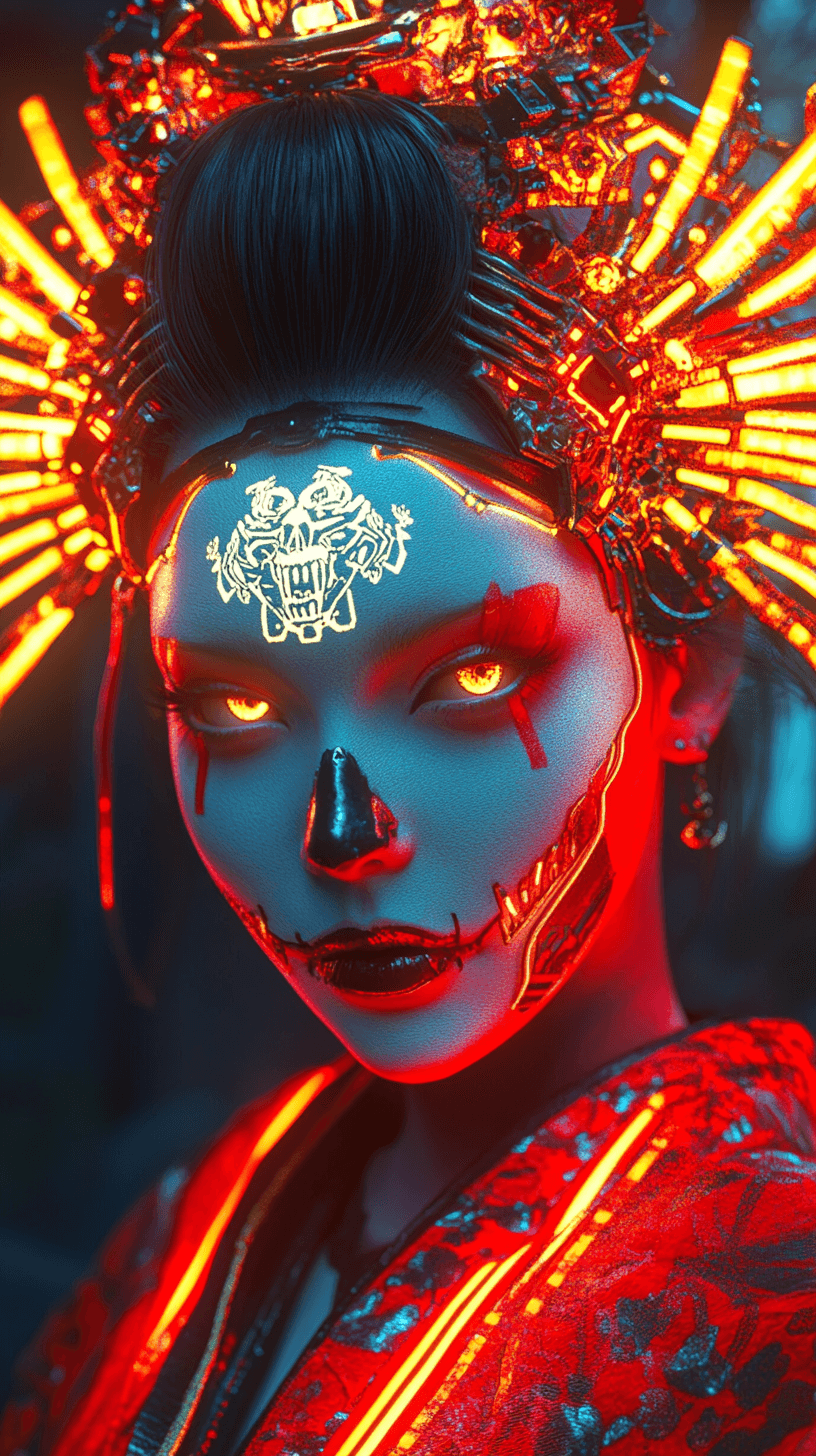 AI generated: 3D rendering, face close-up, CG high model, Elegant [goth geisha] with neon glowing makeup and a hol...