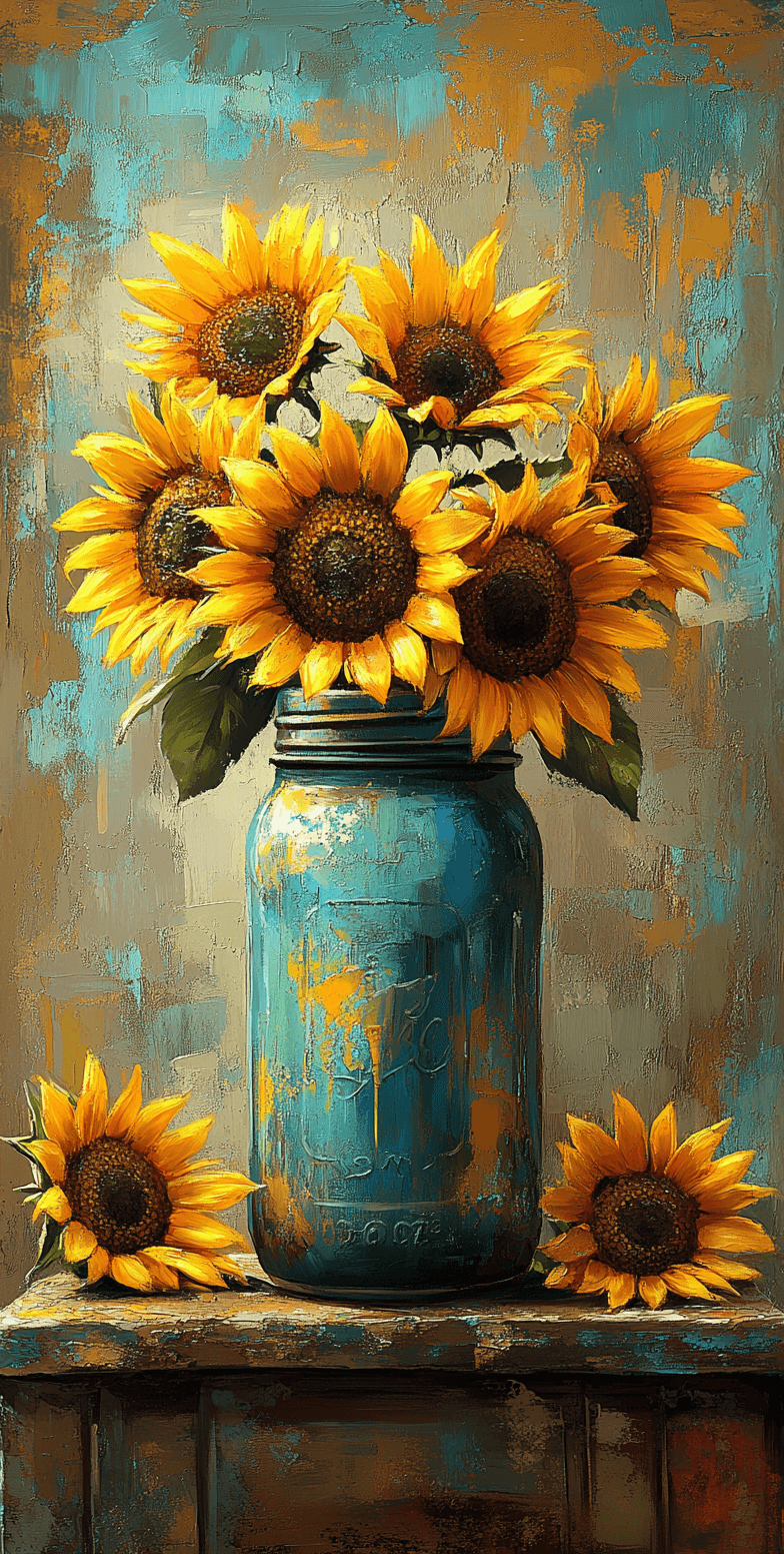 AI generated: a mason jar with bright sunflowers in it, colorful, vintage, rustic background, detailed, distressed...