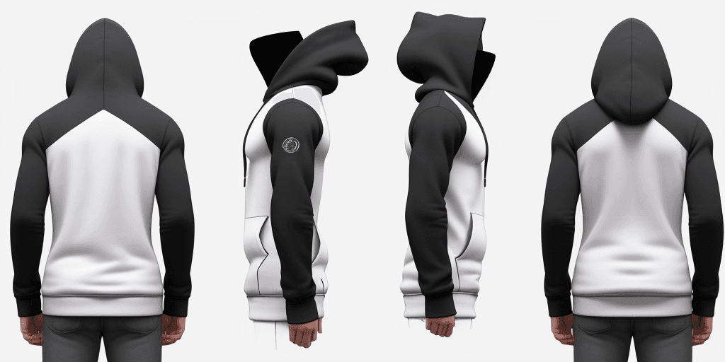 AI generated: hoodie, 3D model, front and back views in one image, white colour of a background, photorealism, 4k,...