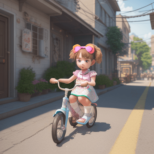 AI generated: A kindergarten, very cute girl, 6 years old, tricycle, in beautiful street, at sunny day, 3d art, c4...