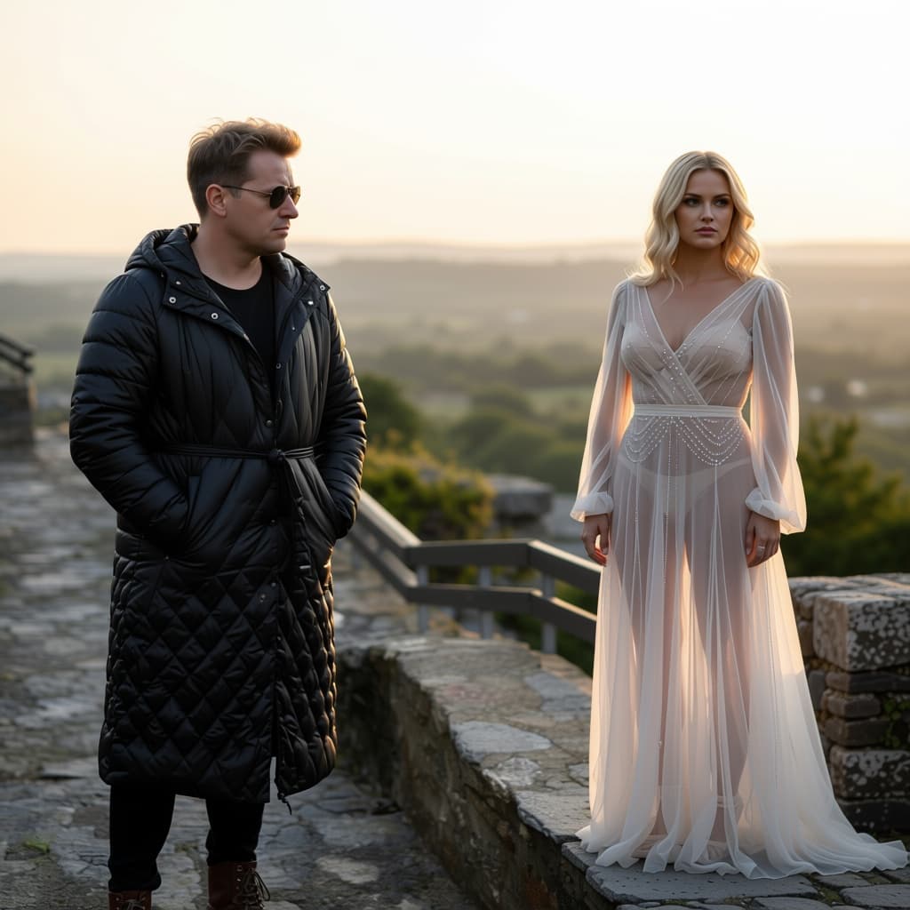 AI generated: a man in his 40s, disappointed in love, looks into the distance where a beautiful blonde woman dress...