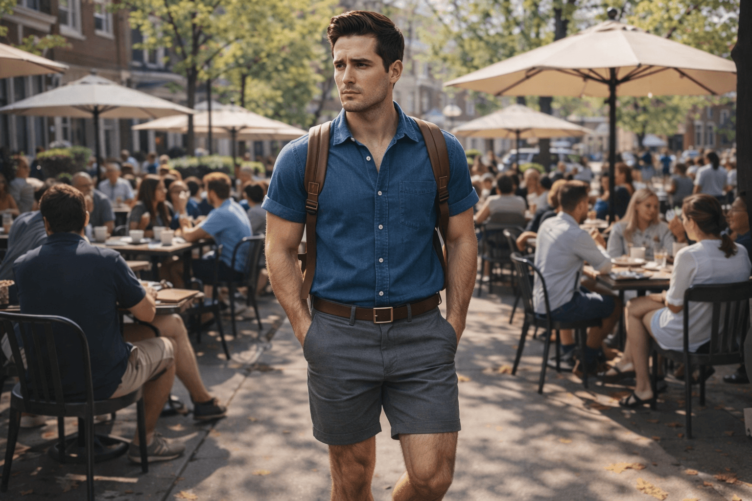 AI generated: In a sunny morning at a nice neighborhood. The model walking among a lot of people at a coffee shop ...