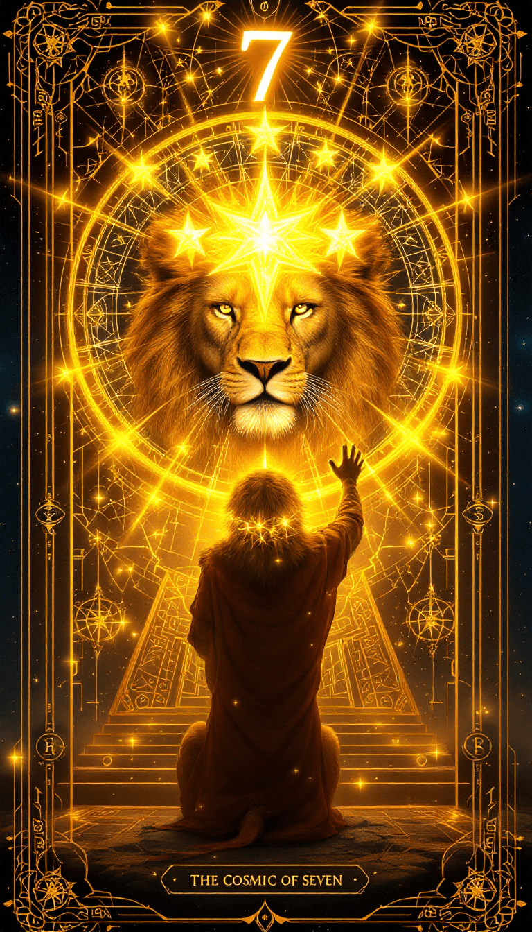 AI generated: /imagine prompt: A stunning tarot card called "The Cosmic Gate of Seven," portraying a lion crowned ...