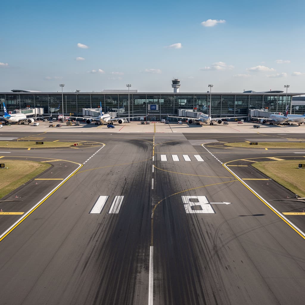 AI generated: Please create an airport; in the background there are many airplanes, and in the foreground is the r...