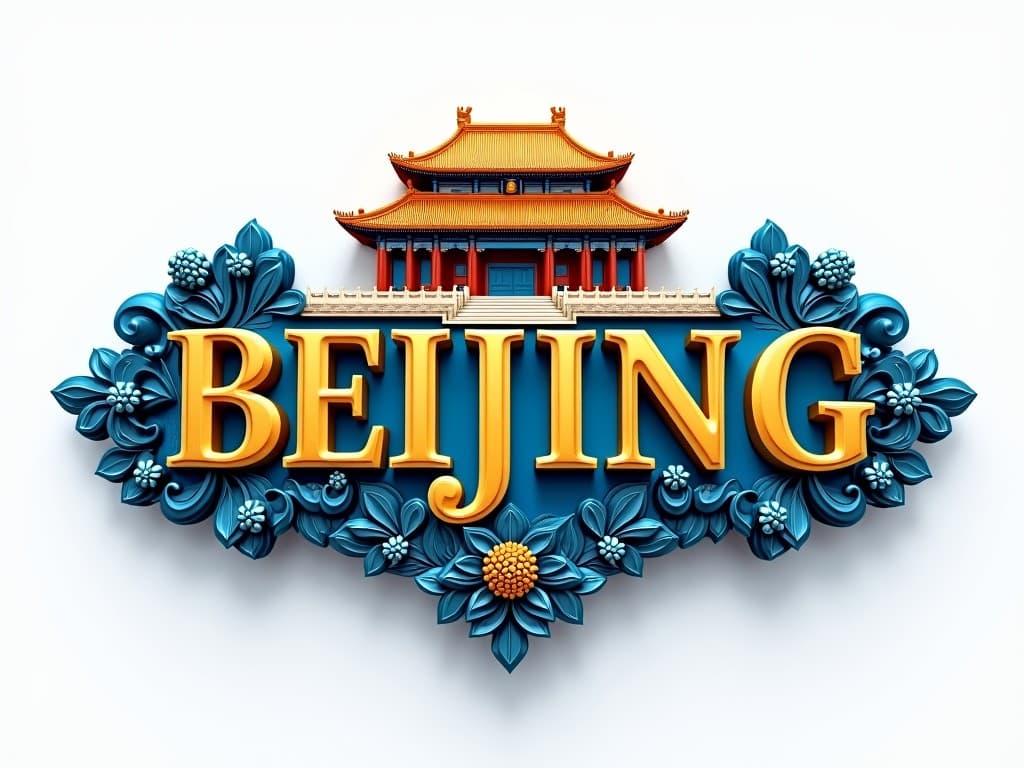 AI generated: 3d "BEIJING"-logo made of gold and blue, featuring the The Forbidden City in China with floral patte...