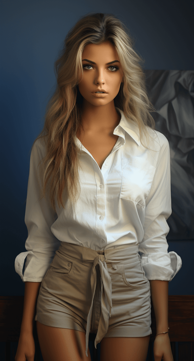 AI generated: a woman wearing white shirt and blue shorts, in the style of dark beige and gray, grunge beauty, bri...