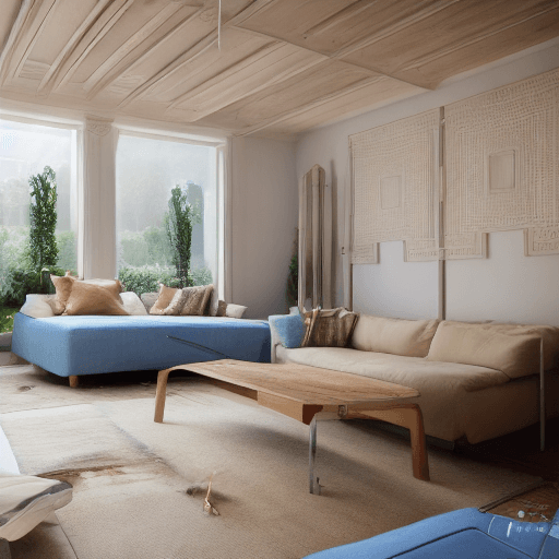 AI generated: High resolution photography interior design, dreamy sunken living room conversation pit, wooden floo...