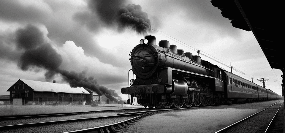 AI generated: Cinematic, Wildlife ,Wide Angle, Perspective, High Contrast,An old train is moving away from the sta...
