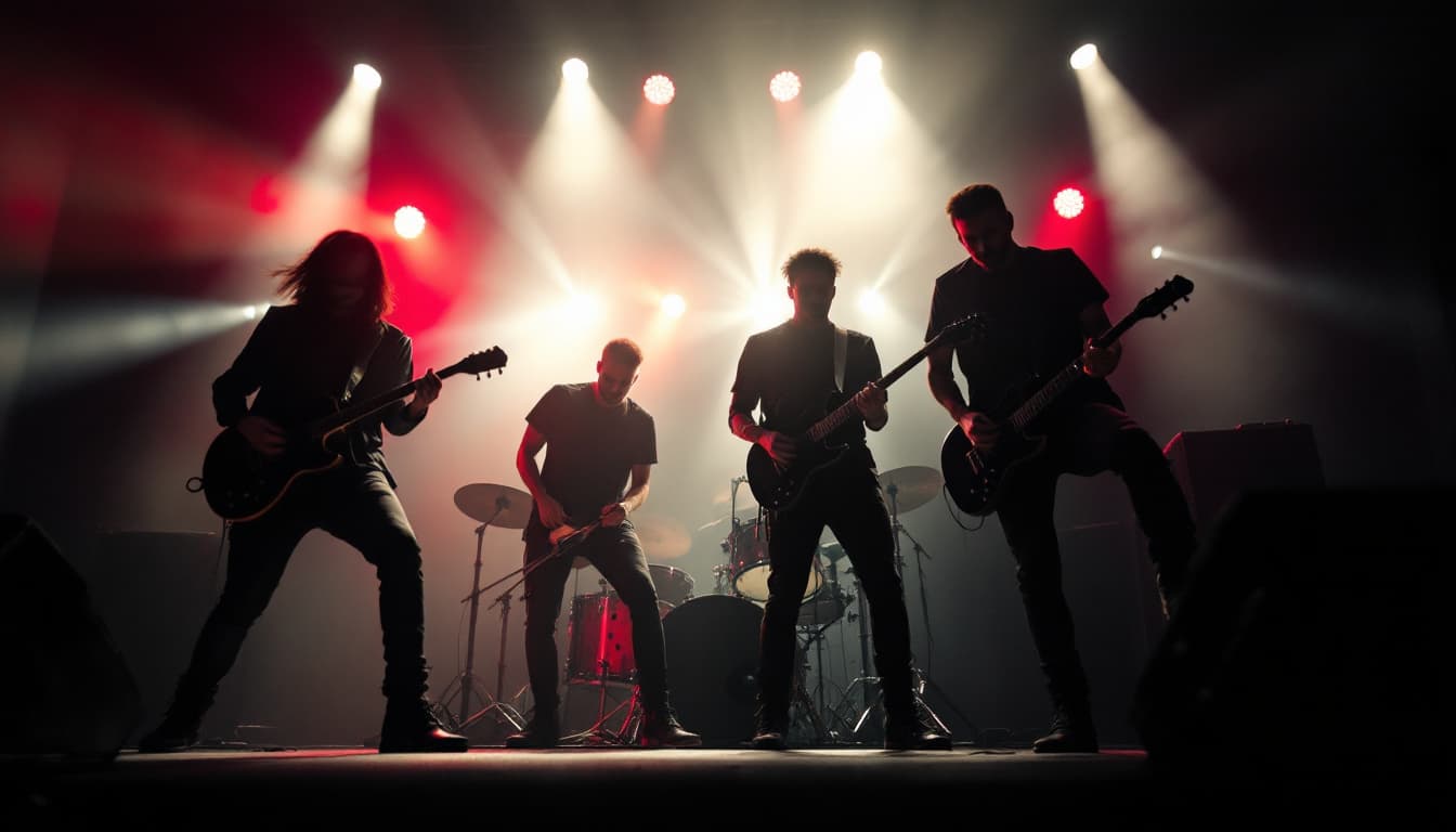 AI generated: band of four, lighting from behind, edgy style,R&B looking, 