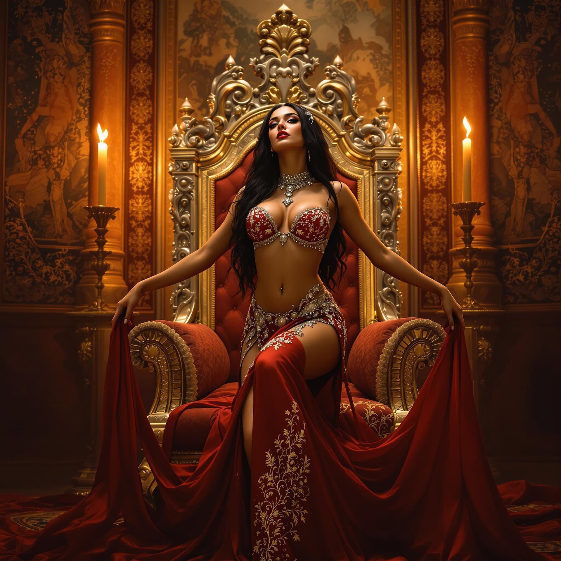 AI generated: A stunning 25-year-old belly dancer with a large bosom arches achingly backwards deep green eyes shi...