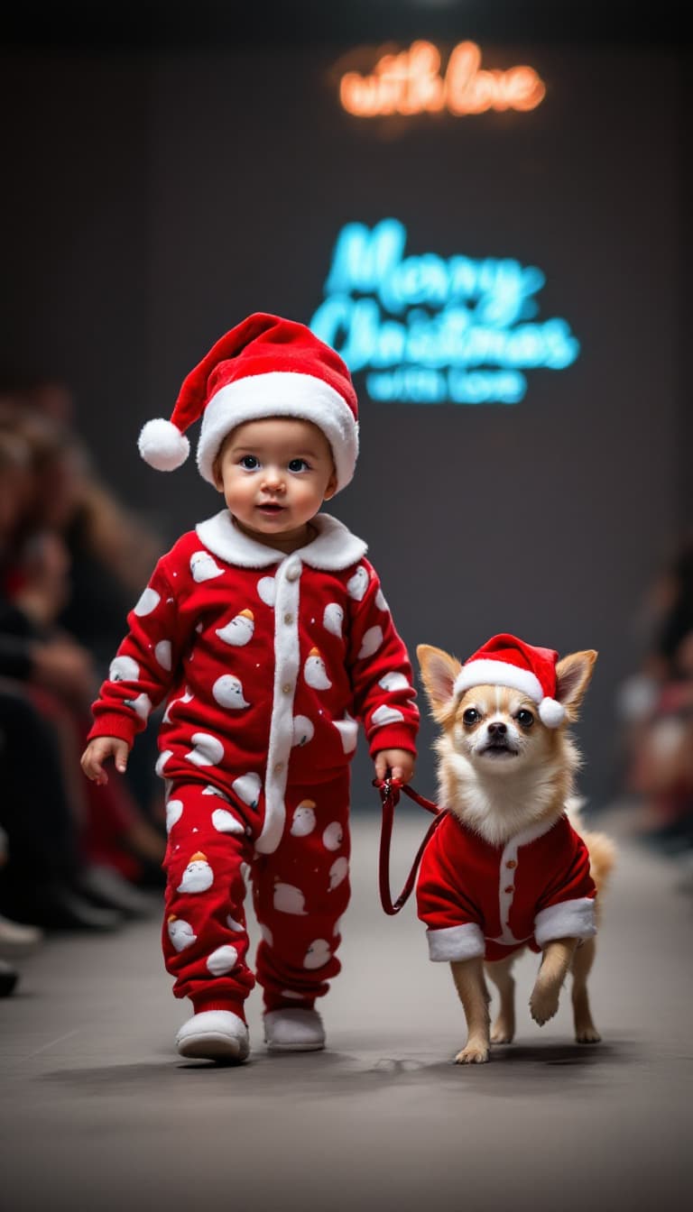 AI generated: A baby dressed in santa claus pajamas leads a pet chihuahua on a leash while walking at a Merry Chri...