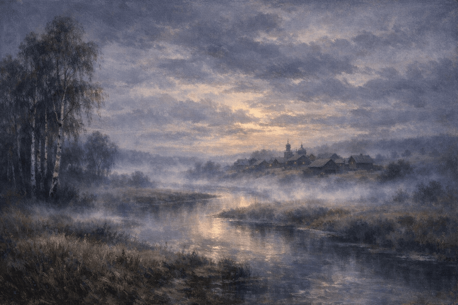 AI generated: A sweeping Russian river landscape featuring a winding stream reflecting a somber sky, with a distan...
