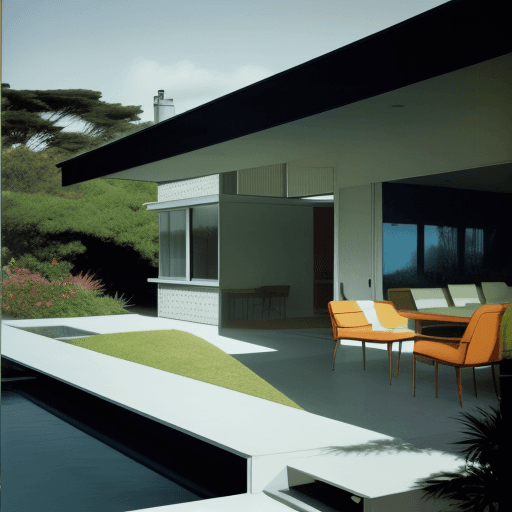 AI generated: Hyper realistic eye level exterior photo of a mid century modern style house overlooking the ocean, ...