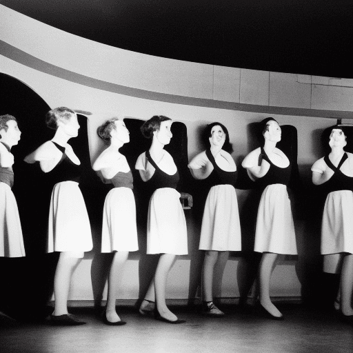 AI generated: a white sign standing on a small old theater stage, 8 women form the 1950s standing and looking at t...