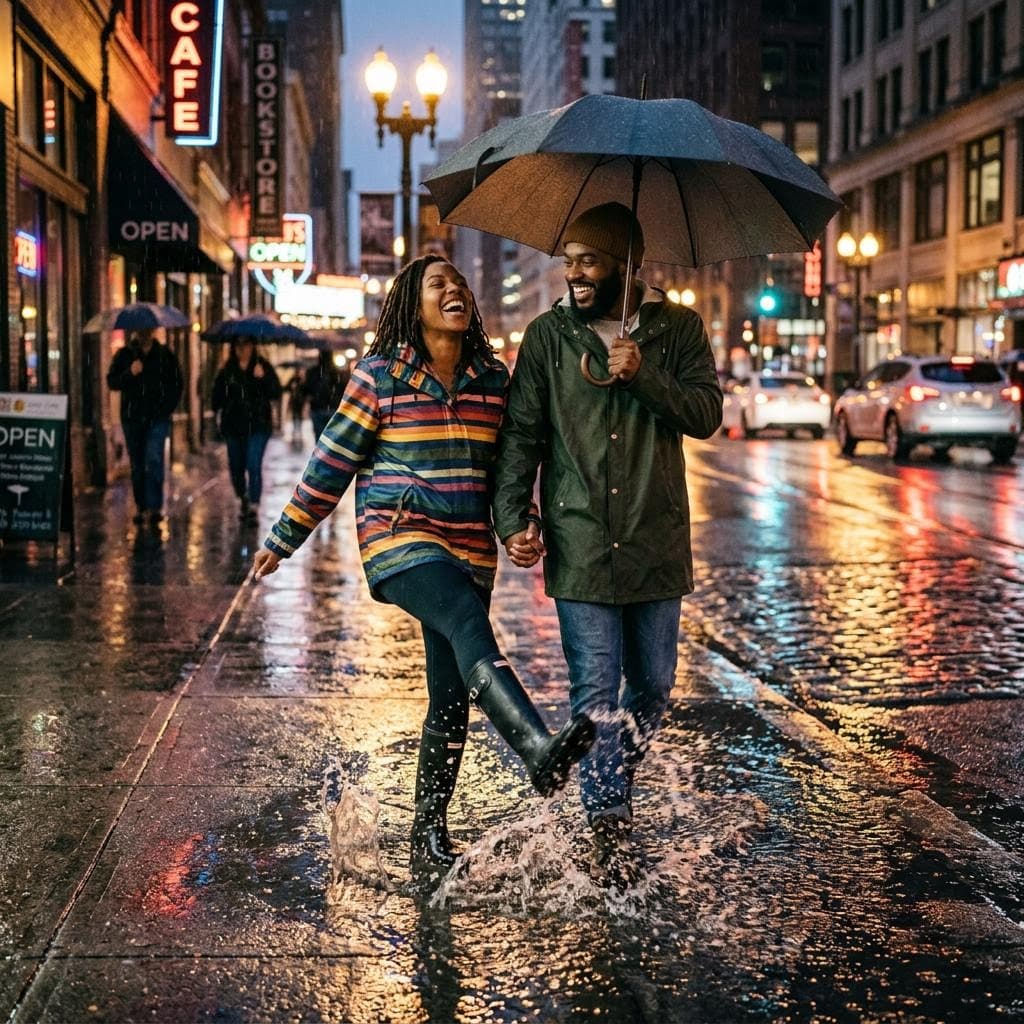 AI generated: dark skinned couple walking in the rain with the one I love and splashing in the puddles