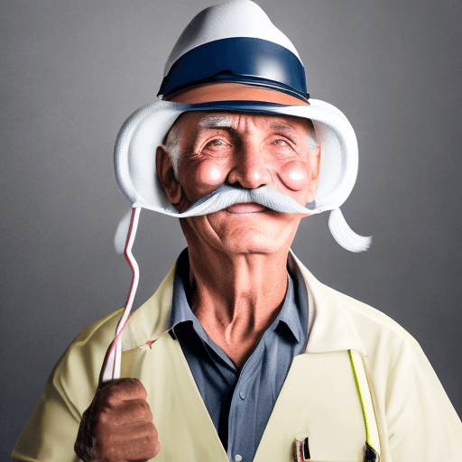 AI generated: old man with white mustache and safety hat, smile on camera, about 90kg weight, fat face