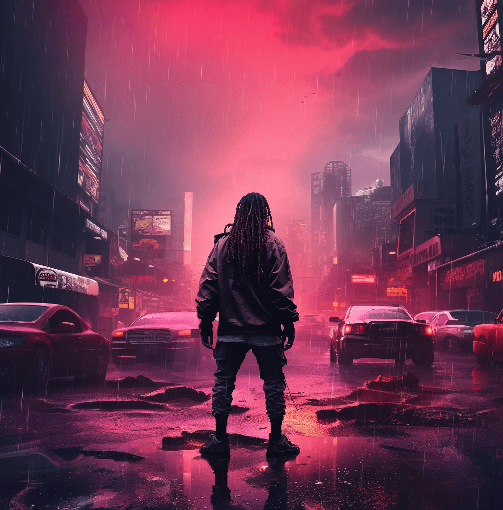 AI generated: lil wayne — time day f93, in the style of cyberpunk imagery, serene atmospheric perspective, terrorw...