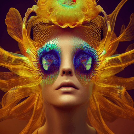 AI generated: Goddess close-up portrait ribcagel. jellyfish phoenix head, nautilus, orchid, skull, betta fish, bio...