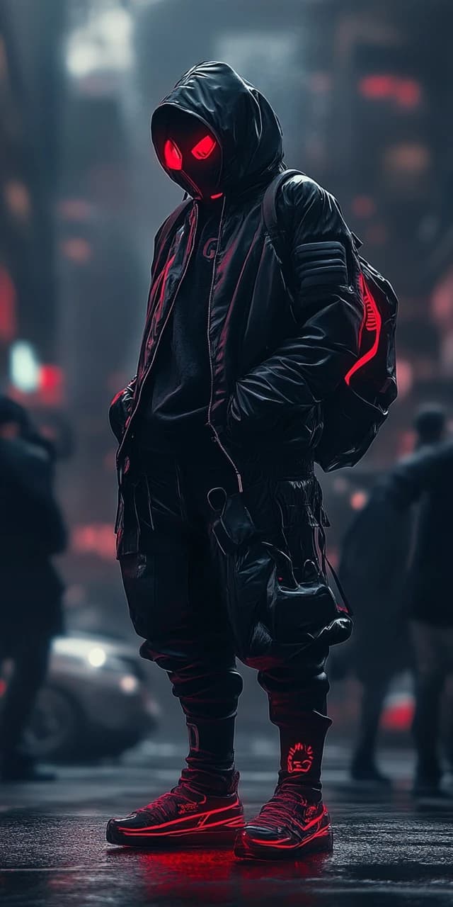AI generated: A futuristic, mysterious figure stands on a wet, city street at night, cloaked in all-black attire, ...