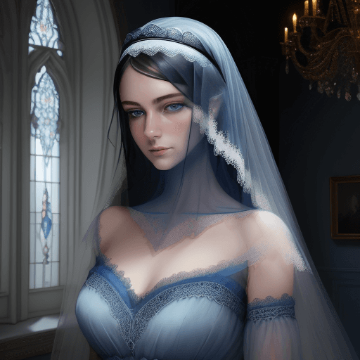 AI generated: A captivating portrait of a woman with striking blue eyes, adorned in an elegant blue lace dress and...