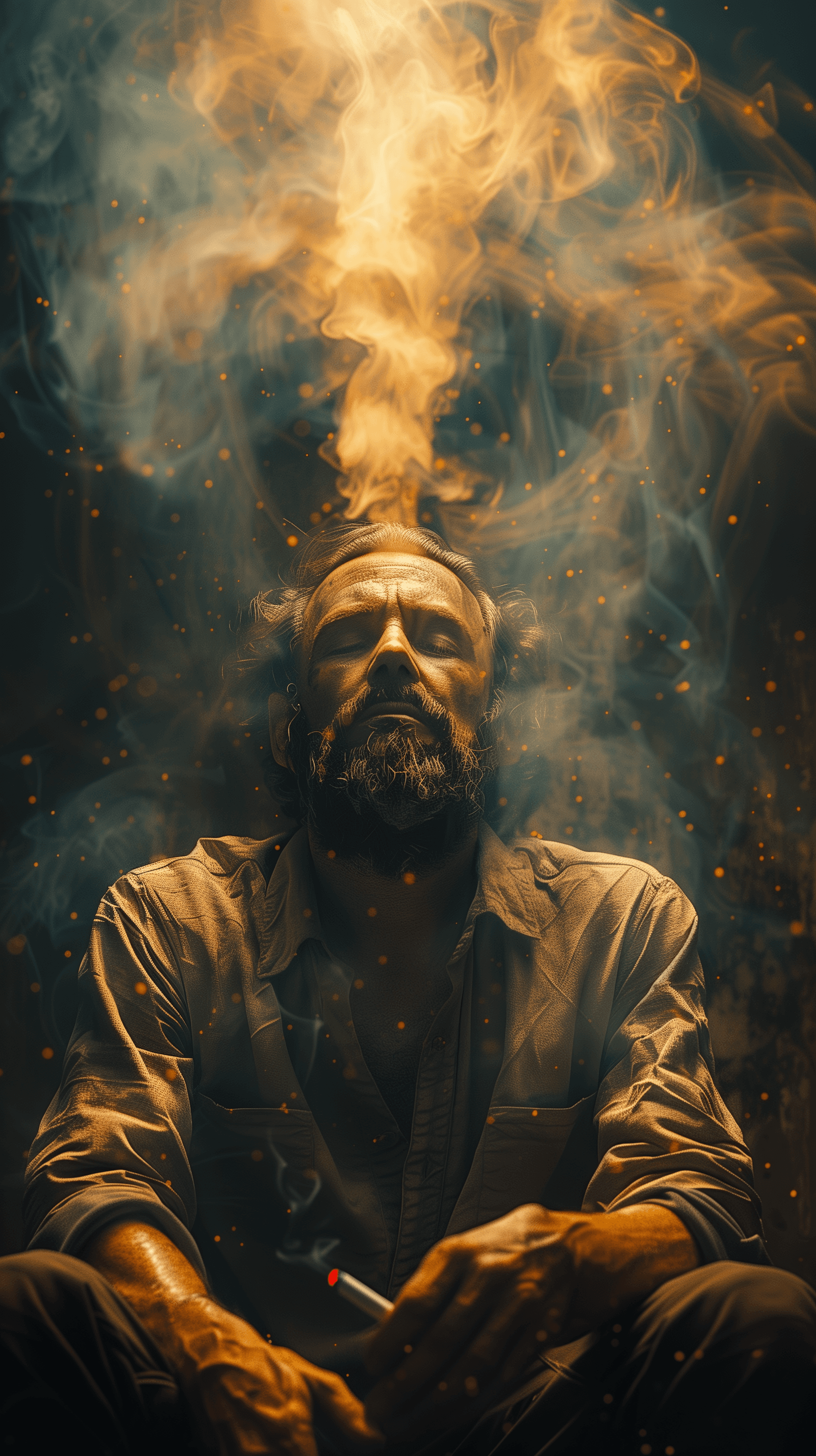 AI generated: photorealistic, front view, professional photographer's portrait, the man is seated alone, casting i...