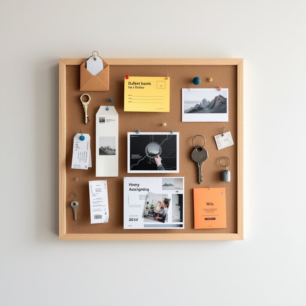 AI generated: Create a 3D illusion of a bulletin board with postcards, pins, receipts, and keys all seemingly real