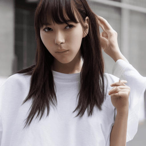 AI generated: A pretty South Korean girl wearing an oversized fashion white t-shirt on a street, cut bangs with lo...