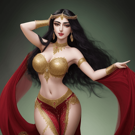 AI generated: A stunning 25-year-old belly dancer stands poised her deep green eyes shining Long dark raven tresse...