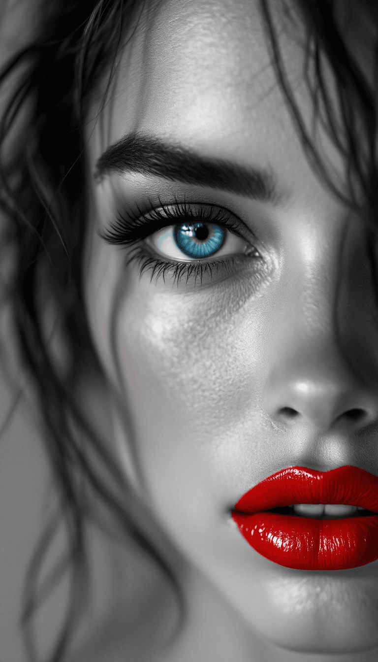 AI generated: Hyper-realistic close-up portrait of a stunning woman in black and white, with selective color. Her ...