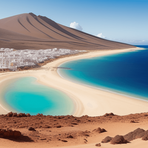 AI generated: crea una fotografía dónde se vea el Fuerteventura desde la costa de África a lo lejos