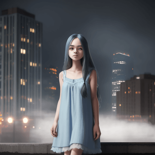 AI generated: a girl with longhair ,wearing nightgown with misty blue color, downtown background