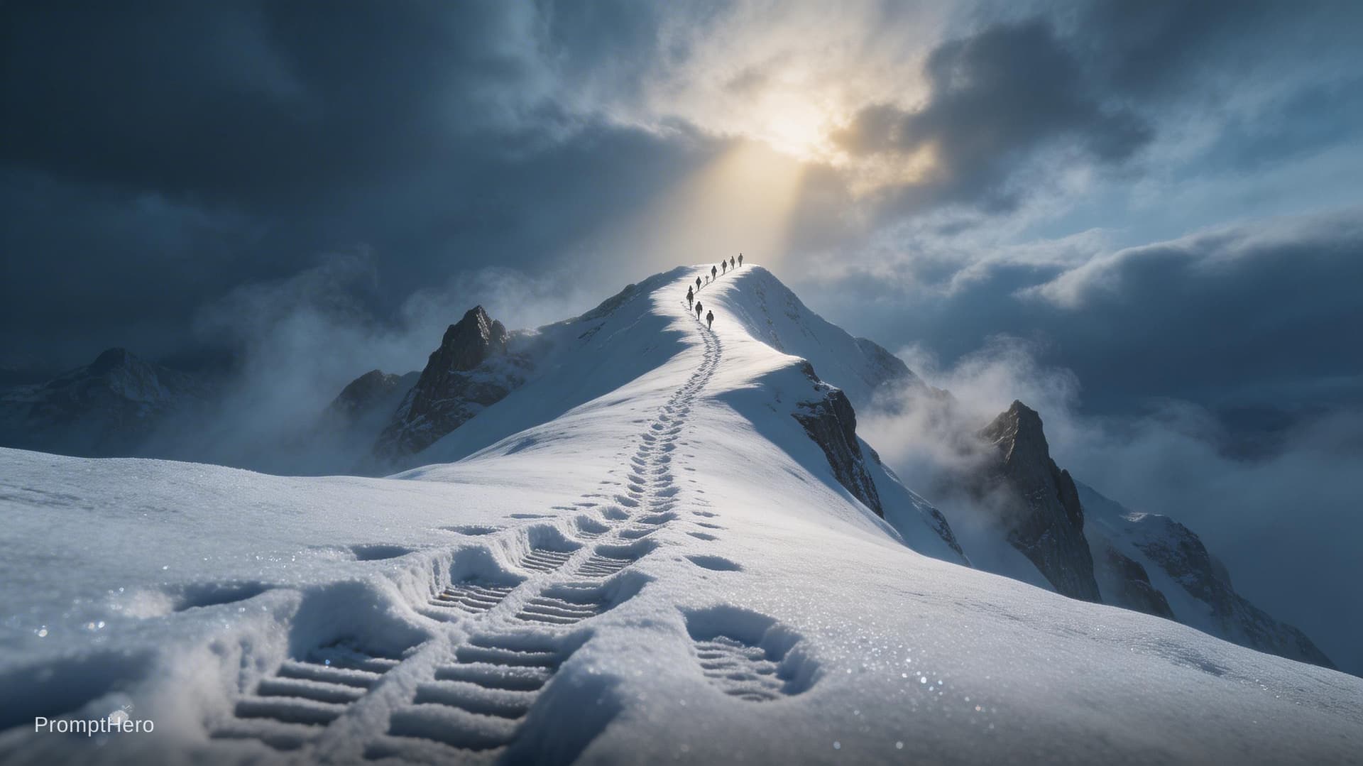 AI generated: AnoEar4 art style. Breathtaking cinematic wide-shot: a lone trail of climbers ascends a razor-thin, ...