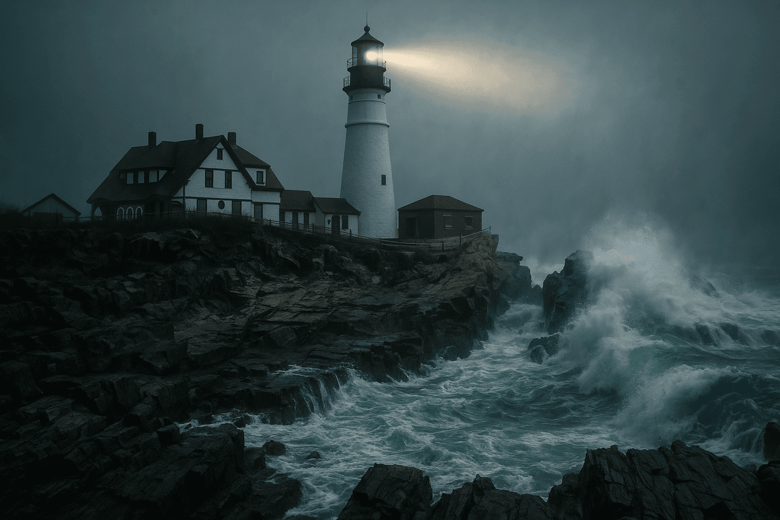AI generated: Portland Head Light on a rugged, rocky coast during a stormy day, with large, teal and white waves c...